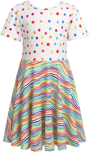 Vista 3 de Vestido de manga corta para niña, vestido de fiesta con vuelo de arco iris, vestido de verano acampanado, casual, vestido de patinadora