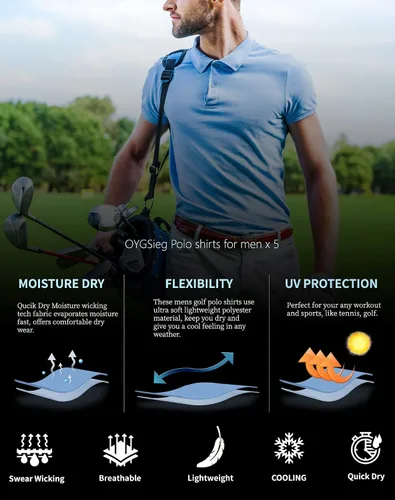 Vista 9 de Paquete de 5 camisas polo para hombre, secado rápido, manga corta, camisa de golf, piqué, jersey de ajuste regular