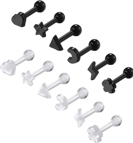 Vista 8 de PiercingJ Aretes de cartílago de acrílico transparente de 0.56 oz, anillo de plástico para lengua tragus, lindo corazón, estrella, nariz, labio