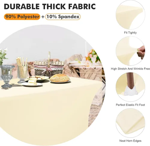 Vista 3 de Paquete de 2 fundas de mesa ajustadas rectangulares de spandex de 6 pies, color beige, mantel de tela elástica sin arrugas para fiestas, ferias