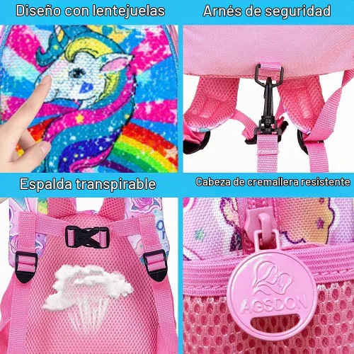 Vista 7 de AGSDON Mochila para niños pequeños con correa, 9.5 pulgadas, correas de seguridad de unicornio para bebé, bolsa de libros extraíble