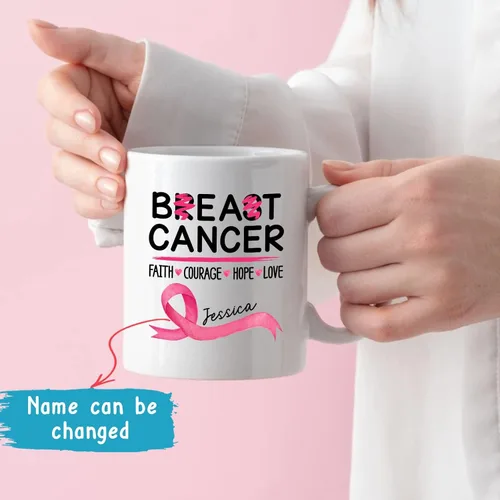 Vista 2 de Taza personalizada para sobrevivientes de cáncer, taza de cáncer de mama, taza de cinta rosa, regalo para sobreviviente de cáncer de mama, taza