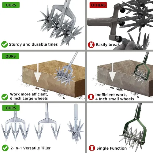 Vista 5 de Cultivador giratorio, herramienta de jardín ajustable con púas de metal sólido desmontables para aflojar y mezclar tierra, cultivador de jardín
