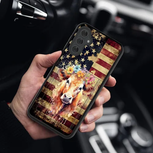 Vista 6 de Funda híbrida de doble capa con función atril para Samsung Galaxy A16 5G de 6.9 pulgadas, diseño de vaca con bandera estadounidense