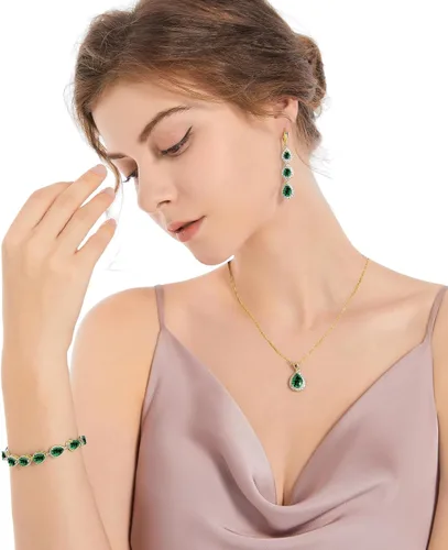 Vista 2 de LMXXVJ Juego de collar y aretes largos, chapados en oro blanco, juego de joyas de zafiro azul creado, joyería de regalo para boda, fiesta, joyería