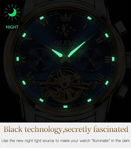 Vista 4 de OLEVS Reloj mecánico automático para hombre, vestido de lujo, impermeable, cuerda automática, cronógrafo de fase lunar, acero inoxidable, fecha