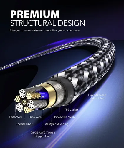 Vista 2 de Cable de carga para controlador PS4, 10 pies, paquete de 2 cables de nailon trenzado extra largo micro USB 2.0 de sincronización de datos de alta