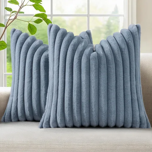 Vista 27 de decorUhome Fundas de almohada de piel sintética, juego de 2, decorativas, afelpadas, suaves, afelpadas, a rayas, parte posterior de terciopelo
