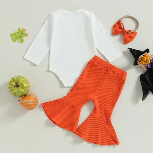 Vista 3 de Conjunto de ropa de Halloween para niña pequeña, divertido mameluco con letras de calabaza + pantalones acampanados acanalados de moda, traje
