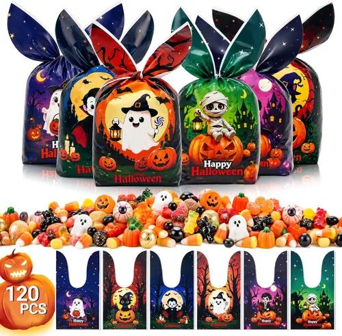 Vista 10 de AhfuLife 200 bolsas de celofán de Halloween, 8 diseños de bolsas de dulces transparentes de Halloween con lazos giratorios para golosinas o tratos