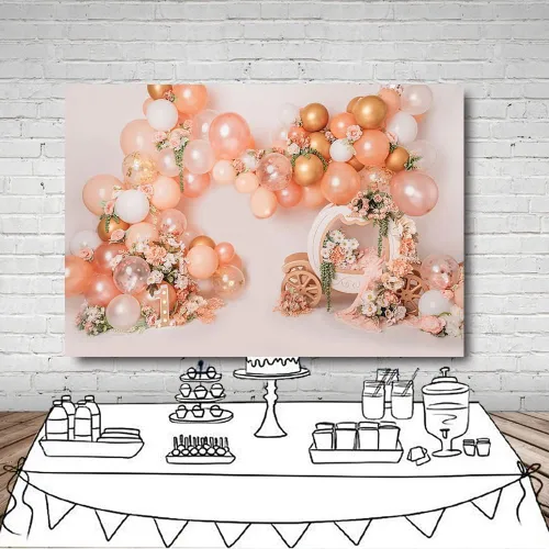 Vista 4 de MEHOFOND Fondo de globo rosa y dorado de 7 x 5 pies para primer cumpleaños, decoración de fiesta de primer cumpleaños, fotografía floral, carro