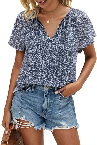 Vista 2 de Mansy - Blusas sueltas de verano con cuello en V y estampado floral para mujer