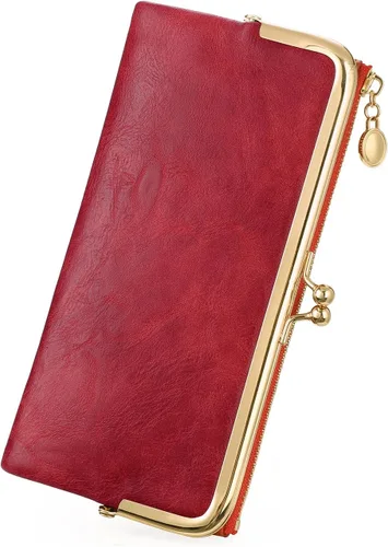 Vista 8 de GOIACII Cartera de mujer con cierre de beso, cartera larga con cremallera, con tarjetero compacto vintage para damas, A01 verde , medio, Classic