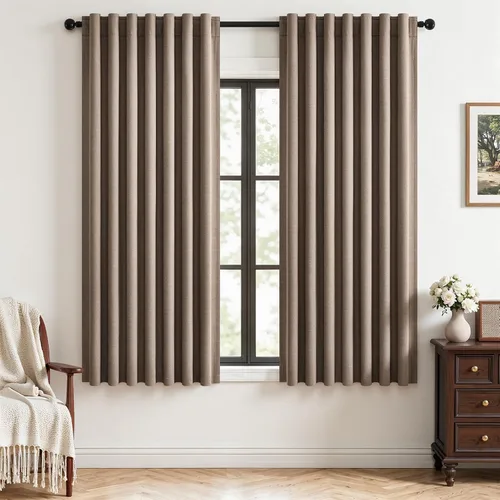 Vista 47 de Topfinel cortinas opacas de lino beige y blanco de 63 pulgadas de largo, 2 paneles para ventana pequeña, estilo natural de abedul bohemio y rústico