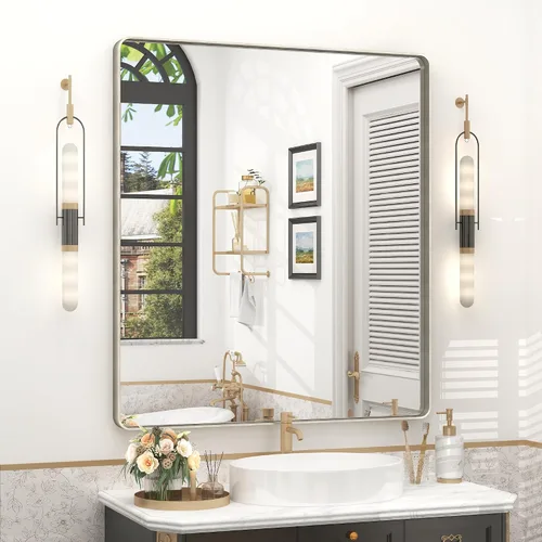 Vista 23 de Espejo rectangular para pared de baño de 20x30 pulgadas con marco negro mate, espejo de tocador con esquinas redondeadas, espejo de baño de metal