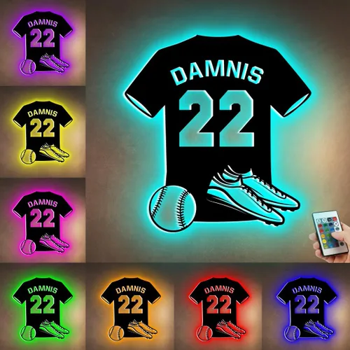Vista 14 de Letrero de metal de jersey deportivo personalizado con luz LED, nombre y número personalizado, letrero de neón con nombre personalizado, decoración