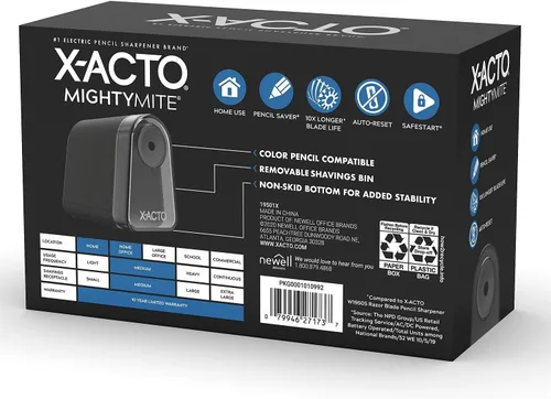 Vista 2 de X-ACTO Sacapuntas, Sacapuntas Eléctrico Mighty Mite, con Pencil Saver®, motor SafeStart®, color negro, 1 unidad, para el hogar, oficina, escuela