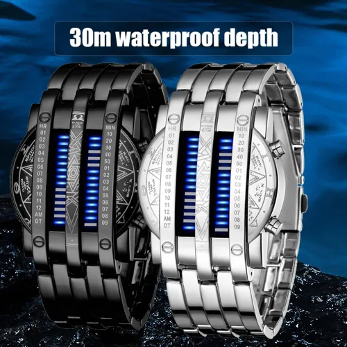 Vista 3 de Binary Matrix Blue led - Reloj Digital para hombre, moda clásica y creativa, color negro chapado
