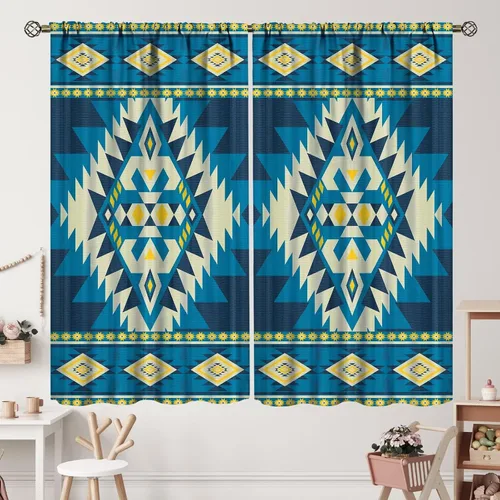 Vista 200 de Cortinas con patrón geométrico tribal, estilo suroeste, azteca, rústico, occidental, nativo americano, opacas, con bolsillo para barra, decoración