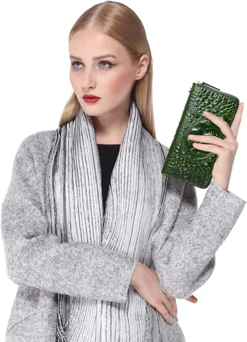 Vista 2 de PIJUSHI Billetera de piel de cocodrilo para mujer, bolso de mano, 1058 Croco Verde