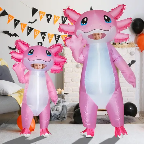 Vista 7 de Stegosaurus Disfraz inflable de ajolote para niños, disfraz de Halloween para niños, disfraz rosa de lujo para niñas y niños, fiesta de cosplay
