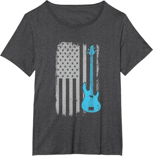Vista 11 de Electric Bass Guitar Player American Flag Musician T-Shirt Asphalt Grey