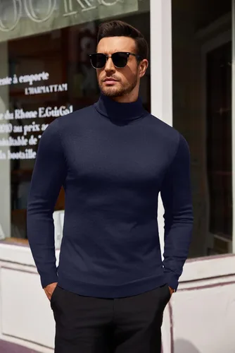 Vista 3 de COOFANDY Suéter de cuello alto ajustado para hombre, casual, básico, de manga larga, suéter de punto
