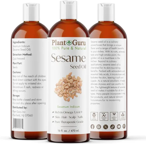 Vista 2 de Plant Guru Aceite de semilla de sésamo 16 fl. oz. - Prensado en frío, 100% puro y natural portador para piel, cara, cuerpo, cabello y cocina. Ideal