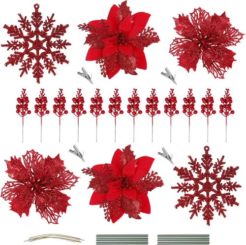 Vista 7 de RECUTMS 60 PCS Flores Artificiales de Nochebuena para Decoración del Árbol de Navidad Juego con Clip, 18 Flores de Nochebuena con 12 Tallos de Bayas