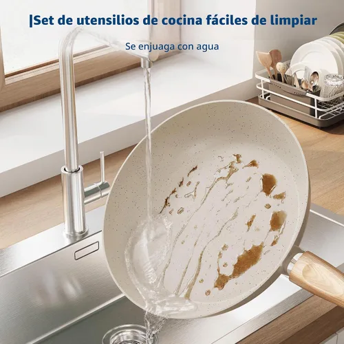 Vista 4 de Garvee Juego de ollas y sartenes antiadherentes de 21 piezas de utensilios Blanco crema