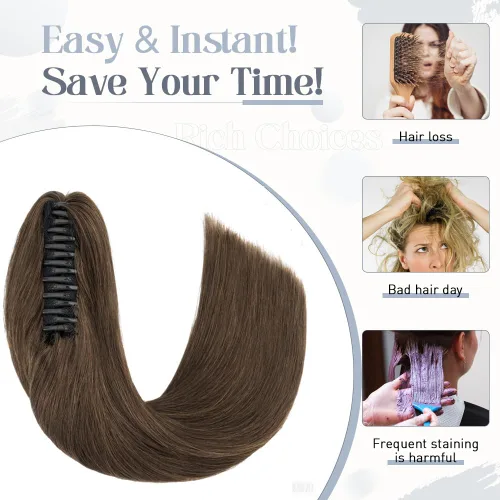 Vista 59 de Rich Choices Extensión de cola de caballo con clip de garra, cabello humano real, una pieza, extensiones de cabello largo Remy para mujer, #18P613