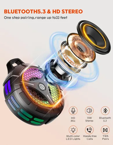 Vista 8 de Altavoz de ducha Bluetooth impermeable, ventosa, pequeños altavoces inalámbricos portátiles IPX7 impermeables para exteriores, sonido estéreo Negro