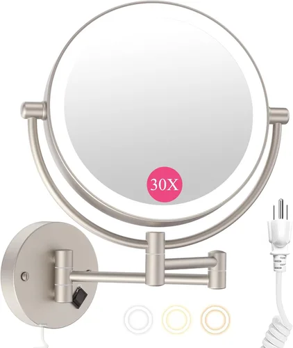 Vista 9 de Wall Mounted Makeup Mirror with Lights, Double-Sided Magnifying, Plug-in Lighted Vanity Mirror with 3 Color Modes, 20X/1X Dimmable Brightness, 360°