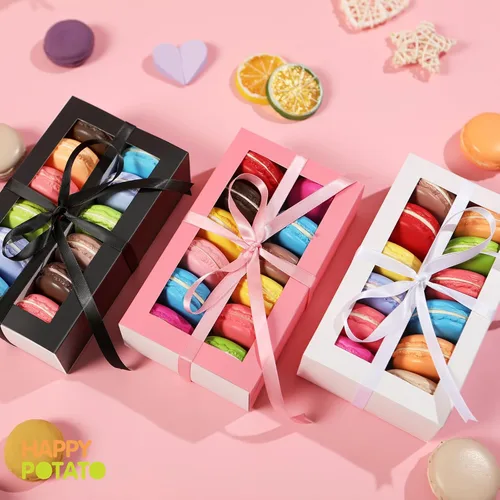 Vista 6 de HAPPY POTATO Paquete de 15 cajas de macarrones para 12, 7.2 x 4 x 1.9 pulgadas, caja de embalaje de macarrones con cinta, cajas de macarrones negros