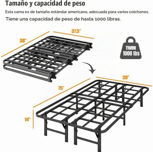 Vista 3 de ZIYOO - Marcos de cama plegables individuales resistentes, base de colchón resistente de 14 pulgadas de alto, marco de cama de plataforma metálica