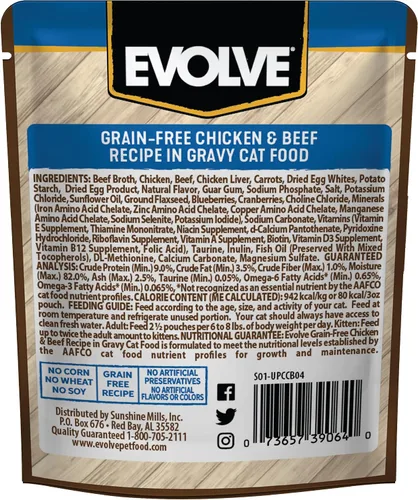 Vista 2 de Evolve Receta de pollo y carne de res sin granos en salsa húmeda para gatos 3 oz - 24 pk