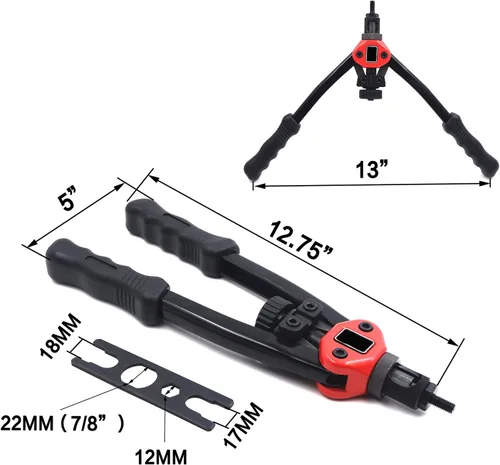 Vista 3 de Remachadora de tuerca manual 12.992 in 13" Kit de pistola de remache Herramienta de ajuste de rosca remachadora NutSert Remachado métrico SAE