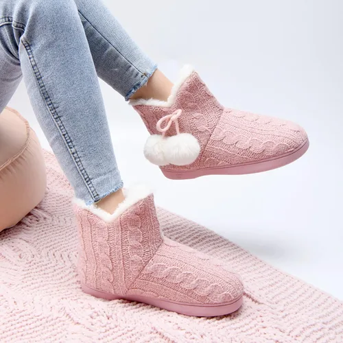 Vista 7 de DL Pantuflas de mujer cálidas para el hogar, esponjosas y lindas para el invierno, cómodas botas de espuma viscoelástica de punto trenzado, botas