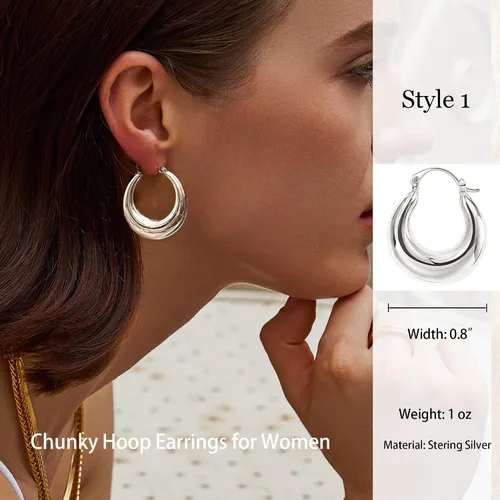 Vista 60 de Aretes de aro gruesos de oro para mujer, chapados en oro de 14 quilates, aretes de aro triple, hipoalergénicos, a la moda, aretes de aro gruesos