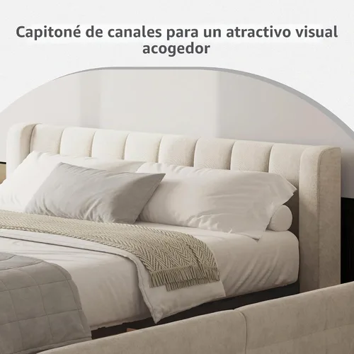 Vista 3 de DEINPPA Bastidor de cama tamaño Queen con 4 cajones de almacenamiento y cabecera suave tipo nube, base de madera con tapizado de chenilla, no Beige