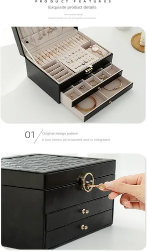 Vista 4 de Organizador de joyas con cuero sintético caja de joyería para mujer caja de joyería grande con cerradura y llave almacenamiento de collares anillos
