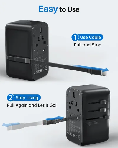Vista 5 de DOACE - Adaptador de viaje universal GaN de 100 W con cable USB-C 6-in-1 Design, USB-C PD Fast Charging, European Plug Adapter Works in 200+