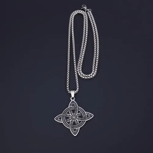 Vista 3 de Collar con colgante de nudo de bruja de acero inoxidable, diseño de color plateado, nudo celta, joyería de la suerte, regalo para amigos y familia