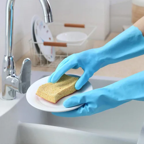 Vista 5 de HSL Guantes de limpieza para el hogar, guantes reutilizables para lavar platos de cocina sin látex, forro de algodón, impermeables, antideslizantes