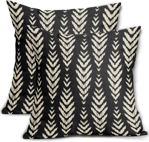 Vista 24 de Sweetshow - Juego de 2 fundas de almohada boho de 16x16 pulgadas, fundas de almohada étnicas bohemias negras con estampado geométrico de espiga