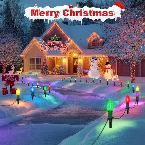 Vista 7 de USOKYO Luces LED C9 de 60 pies para caminos de Navidad al aire libre, 40 bombillas multicolor, impermeables, conectables, luces extralargas