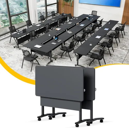 Vista 9 de Mesa de conferencias plegable con ruedas, mesa modular para sala de conferencias con 2 ojales para cables, mesas móviles de sala de reuniones