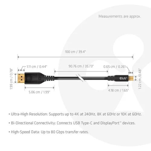 Vista 5 de Cable Club 3D USB C a DisplayPort 2.1, VESA DP80 8K 240Hz, 3.3 ft CAC-1559