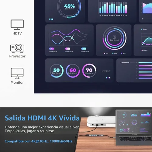 Vista 4 de WALNEW Hub USB C con HDMI 4k, entrega de energía de 100 W, lector SD/TF, puertos de datos USB 3.0, adaptador multipuerto USBC 7 en 1, base Gris