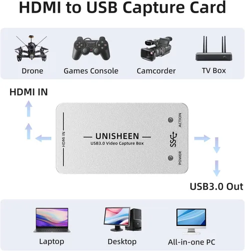 Vista 5 de Tarjeta de captura de video HDMI 1080P60, dispositivo de captura de video HDMI USB 3.0, Full HD para grabación de juegos, transmisión en vivo
